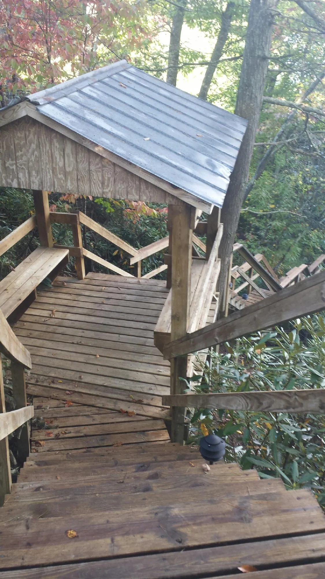 Metal roofed shelter over wooden steps on a wooded walkway — Skylight Repair & Installation work by our crew in Pacific City